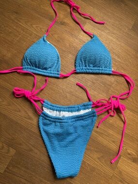 NEW Women’s Large Blue & Pink Tie String Textured Bikini